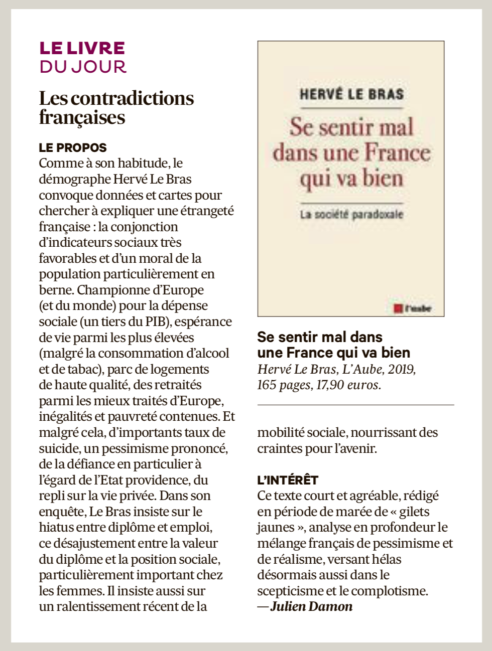 Hervé Le Bras, Les Echos